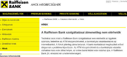Leálltak a Raiffeisen Bank szolgáltatásai