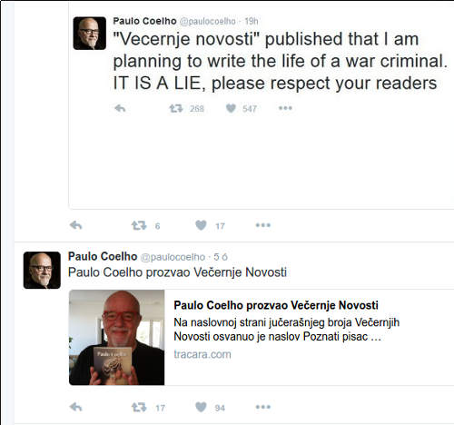 Paulo Coelho a Twitteren közölte, hogy nem ír regényt Karadzicról